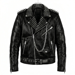 Custom Wholesale Mens Heavy Studded Calf Hair On Hide Genuine Leather <b>Jacket</b> Manufacturing <b>Biker</b> Punk Spikes Outerwear Supplier - Product Image 1
