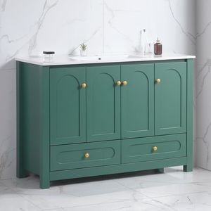 Mobile Bagno Verde da 48 Pollici con 4 Ante a Chiusura Ammortizzata, 2 Cassetti, Ampio Spazio di Archiviazione e Lavabo in Ceramica Integrato - Product Image 2