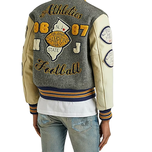 Blouson universitaire homme bleu marine en laine peignée avec lettres brodées et écussons de baseball, imperméable, respirant, écologique, col rond, coupe classique - Product Image 2