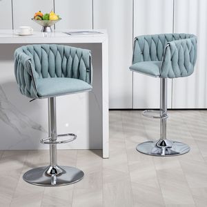 Set of 2 <b>Adjustable</b> Counter <b>Height</b> Bar <b>Stools</b> 360 Fabric Cover Swivel Bar Chairs with Woven Back & Footrest Silver - Product Image 1