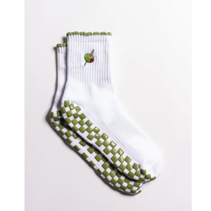 Chaussettes blanches à motif damier vert et logo brodé olive pour femme, idéales pour l'été, usage quotidien, antidérapantes, tricotées - Product Image 1