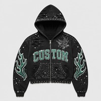 Sweat à capuche zippé vintage délavé avec logo personnalisé, patch à bords bruts, lettres, effet éclaboussures de peinture, effet vieilli, coupe oversize, style streetwear, OEM ODM, vente en gros