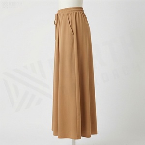 Jupe midi élastique à taille élastique pour femmes, couleur unie, cordon de serrage, viscose, mousseline, style minimaliste confortable, toutes saisons - Product Image 3