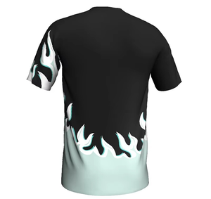Maillot de football noir pour homme à col en V avec imprimé flamme turquoise, manches courtes, en polyester anti-humidité, coupe classique, idéal pour l'été - Product Image 3