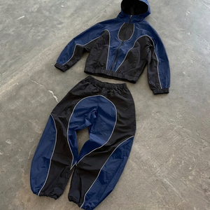 Unique Color Blocking Tracksuit Hooded Zipper Full Sleeve Loose Fit Sporty Style Adult Unisex Spring Lightweight Nylon Set - Product Image 4