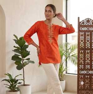 Orange Embroidered Cotton Work Indian Pakistani <b>Top</b> Long Sleeve Muslim <b>Kaftan</b> Tunic Eid Daily Wear Floor-Length Recycled - Product Image 1