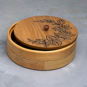 Boîte à roti ronde en bois artisanale, écologique, durable, étanche, 30 cm, avec couvercle en bois, design moderne, pour le stockage et la présentation des aliments lors de mariages - Product Image 2