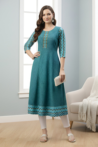 Kurti Anarkali con estampado geométrico para mujer, talla grande, cuello redondo, manga tres cuartos, ropa étnica, kurta en tela de rayón y algodón - Product Image 1