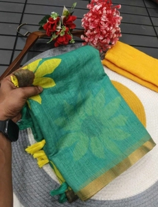 Sari en lin tissé à la main à imprimé floral pour femmes KV (vert) - Product Image 4