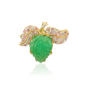 18K <b>Solid</b> Yellow <b>Gold</b> 8.88 Carat Carved Leaf Emerald Fine Brooch Pin - Product Image 2
