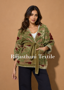 Blouson Bomber SUJANI RT 4 en Velours Brodé Floral pour Femme, Manches Longues, Col en V, Ceinturé, Réversible, Lin Écologique, Printemps - Product Image 3