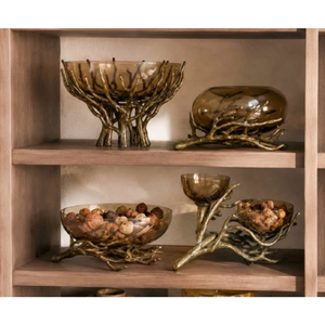 Cuenco Decorativo de Vidrio Ahumado de Lujo Hecho a Mano con Borde Dorado, Base de Bronce con Diseño de Rama de Árbol, Esferas de Relleno para Centro de Mesa de Boda - Product Image 3