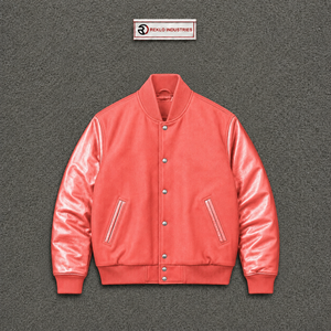 Veste universitaire corail pour homme avec manches en cuir PU, col rabattu décontracté, coupe régulière, pour l'automne – Veste élégante à boutons-pression, style athlétique - Product Image 5