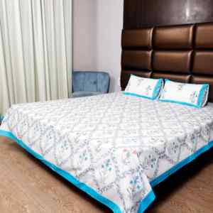 Premium Pure Cotton Double <b>Bed</b> Sheet with 2 Pillow Covers Blue Floral <b>Block</b> Printed Traditional Indian Bedding Set - Product Image 2