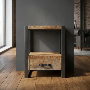 Mesa de Noche Industrial de Madera Rústica con un Cajón, Estante Abierto y Estructura de Hierro Negro - Product Image 3