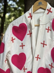 Women's Quilted Velvet <b>Jacket</b> With Heart Applique And Cross Embroidery Pattern Stand Collar Full Sleeve Spring Wear - Product Image 4