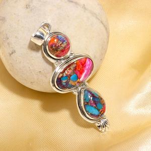 Pendentif classique pour amoureux en argent sterling 925 avec serti clos et pierre précieuse turquoise huître rose taille ovale, idéal pour cadeaux d'anniversaire et de fête - Product Image 2