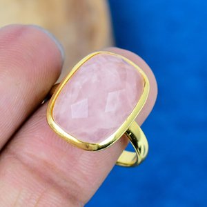 Natural Rose Quartz Gemstone Cushion Shaped <b>Ring</b> 18k Gold Micron Over 925 Sterling <b>Silver</b> - Product Image 3
