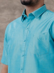 Conjunto de Camisa y Pantalón Dhoti de Algodón RAMRAJ para Hombre, Color Azul Jelly con Borde a Juego, Moderno y de Manga Corta | Ideal para Ocasiones Especiales - Product Image 3
