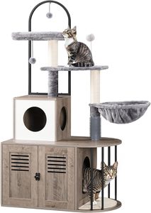 Torre para Gatos Moderna y Sólida Todo en Uno de 31.5 Pulgadas con Caja de Arena Oculta, Mueble Versátil para Gatos de Interior, Poste de Sisal y Hamaca - Product Image 3