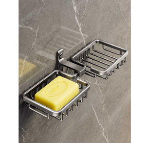 Porta jabón doble de metal gris industrial con un marco de alambre seguro para paredes de baño, disponible a precios de mayorista. - Product Image 1