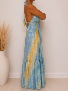 Robe longue évasée pour femme, bleue, imprimé cachemire, style bohème, col en V, taille élastique, coupe ajustée, 100 % soie tissée, coupe classique, tenue décontractée d'été - Product Image 3