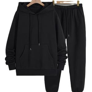Unisex Black Hooded Tracksuit Full Length Casual Autumn Cotton Sweatshirt <b>Pants</b> Set With Side Pockets Drawstring Closure - Product Image 1
