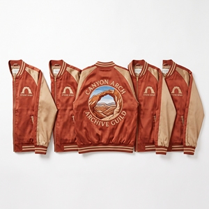 Chaqueta Bomber de Satén al por Mayor con Cremallera y Mangas Raglán, Color Terracota Tan, con Bordado en la Espalda Canyon Arch Archive Guild Geology, Prenda Exterior Estilo Universitario - Product Image 1