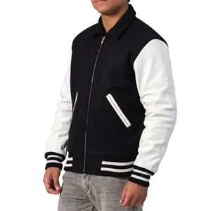 Veste universitaire zippée pour homme en mélange de laine avec manches en cuir, style vintage, veste bomber de baseball, patchwork, broderie, écologique - Product Image 3