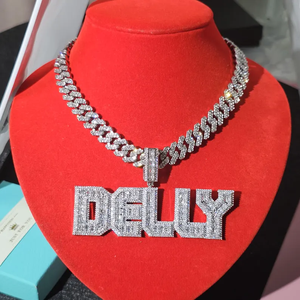 Luxury 925 Silver Rhodium Plated Moissanite <b>Name</b> Pendant Iced Cuban Link <b>Chain</b> Hip Hop Statement Necklace Party Gift for Unisex - Product Image 4
