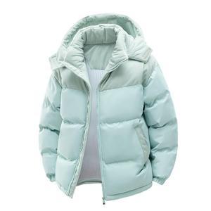 Light Green Puffer <b>Jacket</b> With Hood Stand Collar Windproof Thickened Winter Coat Unisex Casual Zipper Front Regular Fit - Product Image 3