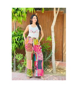Bohemian Patchwork Wide Leg Pants Women High Waist Regular Fit Full Length Cotton Bamboo Fiber Elastic Waist Summer Eco-Friendly - Product Image 1