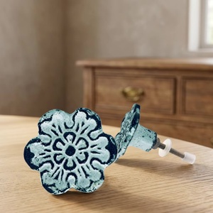 Poignées de meuble rustiques en alliage de zinc en forme de fleur, antirouille, pour la maison et le bureau, design bleu délavé - Product Image 3