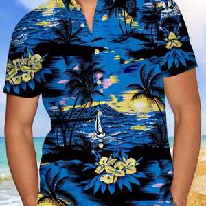 Chemise hawaïenne décontractée pour homme à manches courtes, col montant, en sergé, imprimé feuilles tropicales, noir et vert, respirante pour l'hiver - Product Image 1