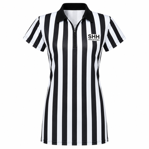 Chemise d'arbitre rayée noire et blanche pour femmes, col polo demi-zip, manches courtes, ajustée, pour arbitres de basketball et de football, performance SHH - Product Image 1