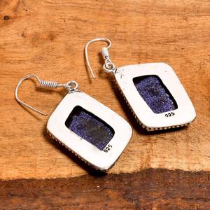 Boucles d'oreilles pendantes en pierre de grès bleue en forme de losange, faites à la main, en argent sterling, bijoux bohèmes en pierres précieuses, cadeau pour femme - Product Image 2