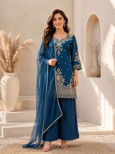 Conjunto de Salwar Kameez Azul Bordado para Mujer, Tela Pesada Reversible y Elástica, Sin Arrugas, Traje para Bodas, Diwali y Fiestas - Product Image 1