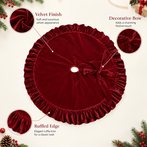 Falda Redonda de Terciopelo Rojo de Lujo para Árbol de Navidad con Borde con Volantes Hecho a Mano, Cubierta Decorativa para la Base del Árbol de Navidad - Product Image 6