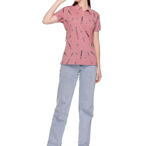 เสื้อโปโลผู้หญิงสีชมพูพิมพ์ลายแขนสั้นลำลองผ้าทอลายทั่วไปความยาวปกติ - Product Image 6