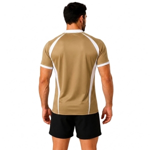 Maillot de rugby pour homme, rayé blanc et beige, manches courtes, ajusté, anti-humidité, col en V, fermeture à boutons-pression, vêtements toutes saisons - Product Image 2