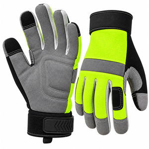 Hi Visibility Yellow Mechanics Work <b>Gloves</b> Grey Suede Leather Reinforced Palm Hook Loop Wrist Band Reflective Working <b>Gloves</b> - Product Image 1