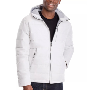 Men's White Hooded Puffer <b>Jacket</b> Zipper Closure Windproof Casual Winter Coat Solid Color Polyester Regular Fit 2026 - Product Image 1