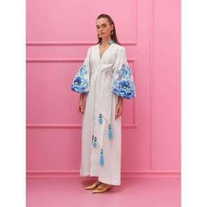 Vintage Boho Embroidered Cotton Maxi Dress Women <b>White</b> Floral Pattern <b>Balloon</b> Sleeve Tassel Tie Waist Loose Fit Dress - Product Image 5