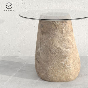 Modern Round <b>Stone</b> Coffee <b>Table</b> with Tempered Glass <b>Top</b> Minimalist Living Room Furniture Handmade Design - Product Image 6