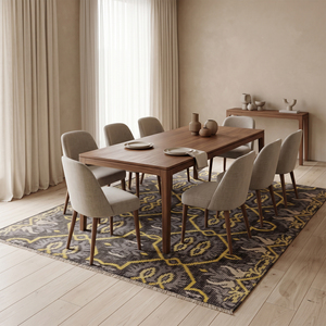 Alfombra de Lana con Medallón Geométrico Color Mostaza Gris, Diseño Moderno de Rejilla, Ecológica, Antideslizante, para Sala de Estar u Hotel - Product Image 3