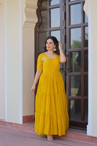 Exclusive Indian Wedding and Festival Wear Anarkali Fancy Faux Blooming Material Gowns with <b>Beads</b> Embroidery Work Dress - Product Image 2