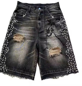 Pantalones Cortos de Mezclilla Negros Desgastados para Hombre con Gráfico de Esqueleto y Pedrería, Estilo Baggy, Hip Hop, Streetwear, Punk Rock - Product Image 6