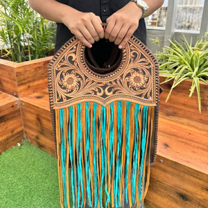 Meilleure vente sac à bandoulière en cuir véritable usiné à la main grand sac à franges turquoise pour femmes sac à main à poignée supérieure florale en cuir de vachette occidentale - Product Image 2