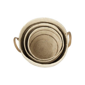 Lot de 3 paniers ronds en maïs beige et marron avec poignée en cuir, rangement tissé, décoration d'intérieur - Product Image 6
