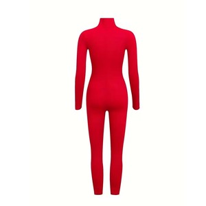Combinaison de yoga rouge sans manches à col roulé pour femme, coupe ajustée longue, fermeture éclair sur le devant, très extensible en Spandex/Nylon, taille haute, tenue de club - Product Image 2